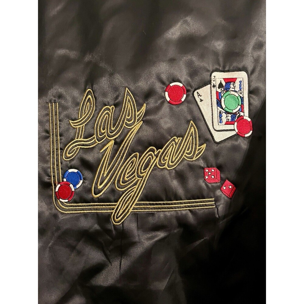 Vintage 80s Las Vegas Satin Bomber Jacket Black WestArk USA Mens XL Casino Lined